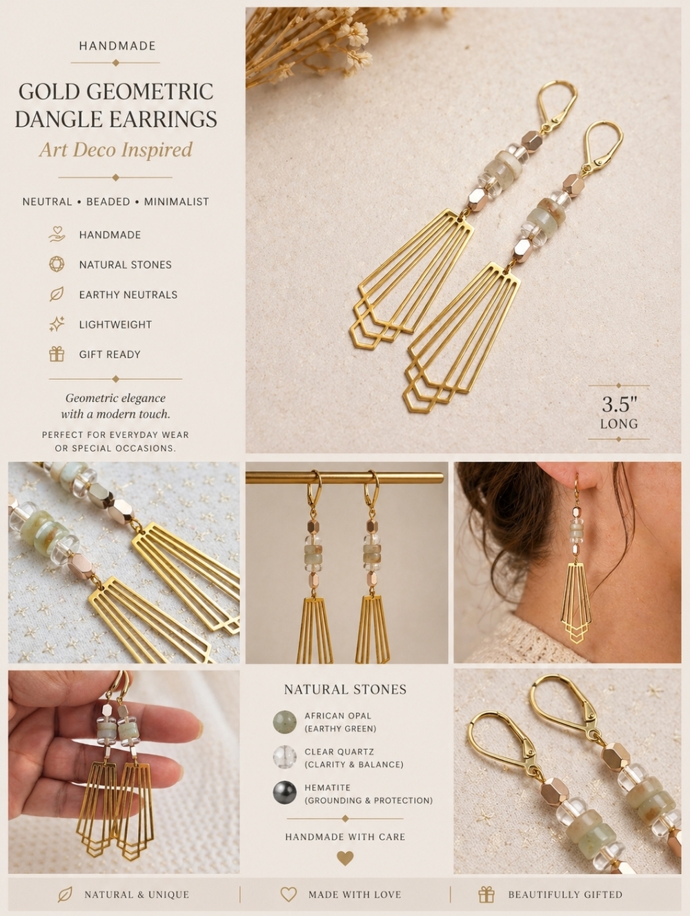 Handmade Gold Geometric Dangle Earrings Art Deco Minimalist Neutral Beaded 3.5"